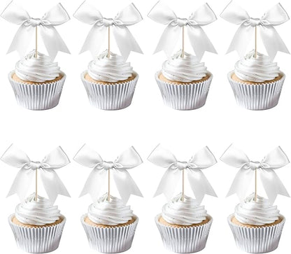 24 PCS Bow Cupcake Toppers Bow Cupcake Picks Bowknot Birthday Party Decorations Bowknot Cake Dessert Picks for Baby Shower Birthday Wedding Bridal Engagement Party Cake Decorations Supplies Silver
