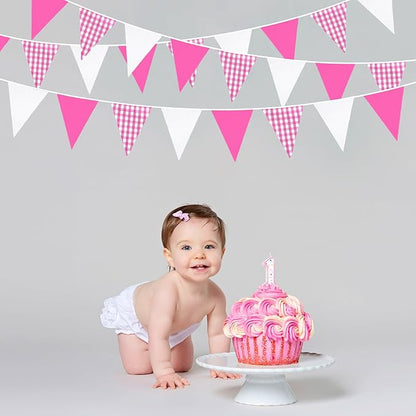 32Ft Hot Pink Party Decorations Pink Buffalo Plaid Checkered White Triangle Flag Gingham Pennant Fabric Garland Streamers for Wedding Birthday Baby Shower Anniversary Party Picnic Garden Decor