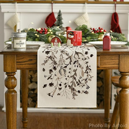 Artoid Mode Leaves and Flowers Cotton 210 GSM Winter Table Runner, Seasonal Christmas Kitchen Dining Table Decoration for Home Party Decor 13x120 Inch