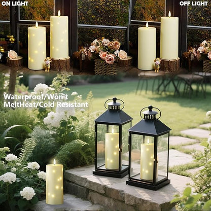 4" x 10" Large Outdoor Waterproof Flickering Flameless Candles with Timer,2Pcs Battery Operated LED Pillar Candles with Embedded Star String for Outdoor Lanterns,Porch,Patio Decor(Ivory)