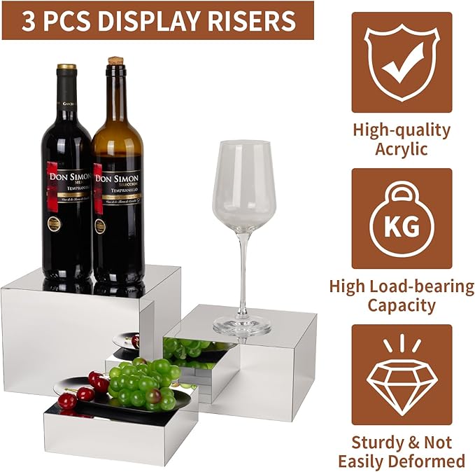 3 Pcs Acrylic Risers for Display, Acrylic Cube Box Food Display Risers Stand Shelf for Catering Dessert Collectibles Jewelry Figures Party (Silver3pc)