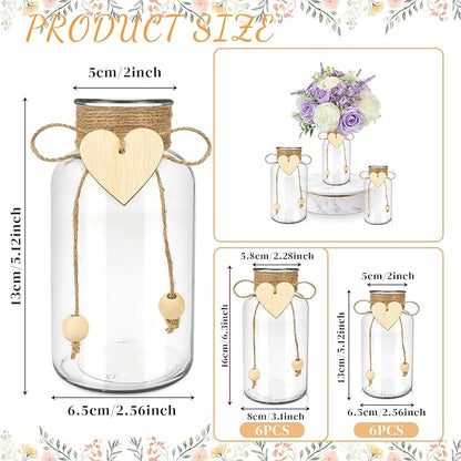 Vintage Glass Vases for Flowers, Set of 6 Mason Jar Vase Table Centerpieces for Farmhouse Room Decor, Wedding, Bridal Shower Bud Vase Set (Small)