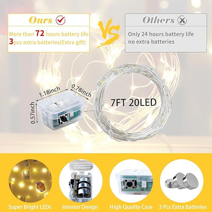 24 Pack Yellow Fairy Lights 7Ft 20 LED Twinkle String Lights 3 Modes Battery Operated Waterproof Firefly Starry for Mason Jar Party Wedding Christmas Valentines Day Table Centerpieces