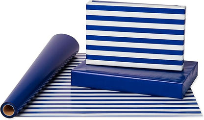 American Greetings Reversible Wrapping Paper Jumbo Roll for All Occasions, Navy and Stripes (1 Roll, 175 sq. ft.)