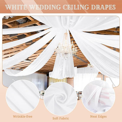 6 Panels White Ceiling Drapes for Wedding 5ftx40ft Sheer Drapery Chiffon Fabric Arch Draping Curtains for Party Ceremony Birthday Baby Shower Reception Stage Ceiling Decorations