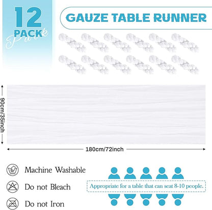 Aktor 12 Pack White Table Runner Boho Cheesecloth Table Runner Semi Sheer Gauze Fabric Runners for Wedding Birthday Baby Shower Party Boho Table Decoration（White）