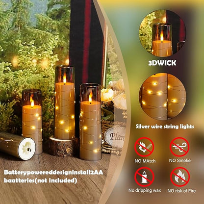 Flameless Candles with Embedded Star String - Battery Operated LED Candles, with Remote,12 Grey Flickering Candles for Christmas, Weddings, Home Decor & Party,(D 2.3"×H 5" 6" 7")