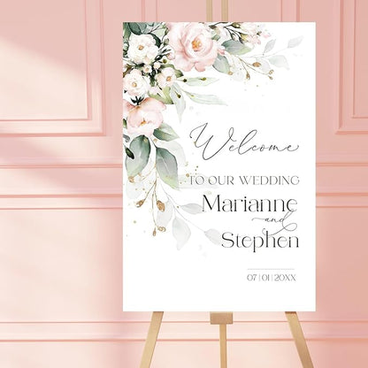Personalized Wedding Welcome Sign, Blush Pink Floral Wedding Sign Signage 12" X 18" (Small), 27" (Medium), 36" (Large), Plastic, Modern, Pole Mount, Weather