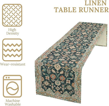 Vintage Boho Floral Table Runner, Rustic Country Farmhouse Blue Teal Red Bohemia Flower Pattern for Home Kitchen Table Decor Dining Coffee Room Party Decor 13x36in