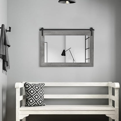 COGOOD Farmhouse Barn Door Mirror - 25" x 18" Rustic Wood Framed Decrative Mirror for Bathroom, Living Room, Entryway Wall Decor (Grey)