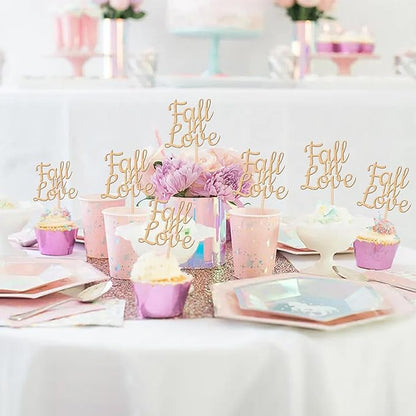24 PCS Fall in Love Cupcake Toppers Glitter Fall Theme Bridal Shower Cupcake Picks for Autumn Wedding Engagement Anniversary Birthday Bridal Shower Party Cake Decorations Supplies Champagne Gold