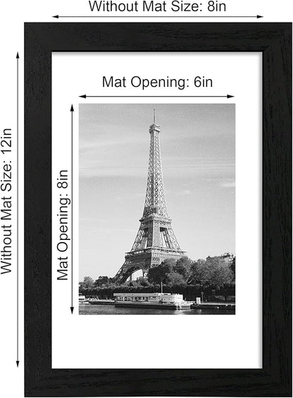 8x12 Picture Frame Set of 4 with HD Glass, Black Frame Display 6x8 Picture with Mat or 8 x 12 Without Mat, Wood Rustic Photo Frame for Tabletop and Wall Mounting