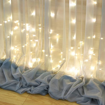 Silver Grey Tulle Backdrop Curtain with Lights String for Parites 10x10ft Sheer Backdrop Curtains for Birthday Party Bridal Shower Baby Shower Wedding Ceremony Prom Photo Booth Background Decorations