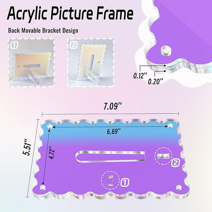 Acrylic Picture Frames 3 Pack 4x6 inch Scalloped Iridescent with Detachable Stand, Vertical and Horizontal Tabletop Display, Magnetic Photo Frames for Café/Home/Weeding/Party