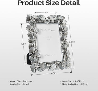 Cuspin 4x6 Silver Picture Frame, Vintage Silver Ornate Leaf Textured Hand-Crafted Resin with Glass Front Antique Photo Frame for Tabletop Display, Retro Design Home Decor