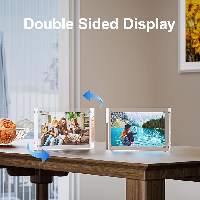 3 Pack 4x6 Acrylic Picture Frames - 20% Thicker Double Sided Magnetic Frame with UV Protection - Freestanding Clear Frameless Display for Tabletops - Modern Photo Frame Set for Home & Office Decor