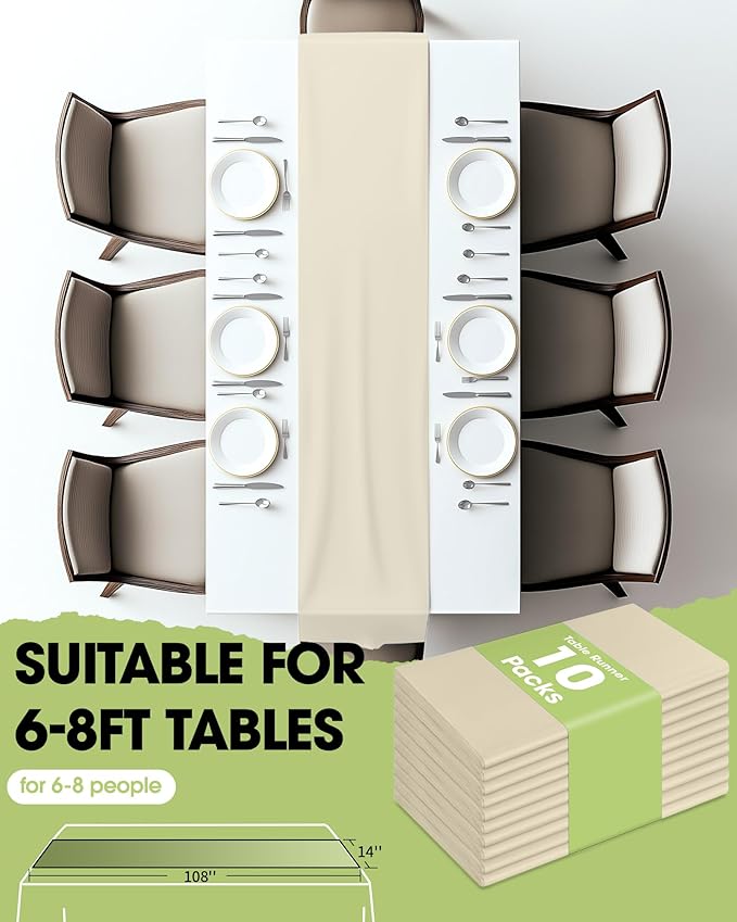 Pureegg Ivory Plastic Table Runners - 10 Pack, 14'' x 108'', Water Resistant & Disposable Cream Centerpiece Decorations for Table Cloth, Wedding, Birthday, Holiday, Baby Shower, Beige Home Decor