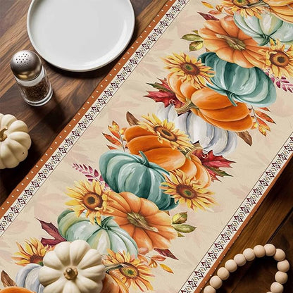 Fall Thanksgiving Southwest Cotton Linen Table Runner for Dining Kitchen, Orange Pumpkins Wedding Outdoor Party Rustic Tablerunners Decoration, Sunflower Dresser Scarf Tablecloth Runners 13x36 Inches