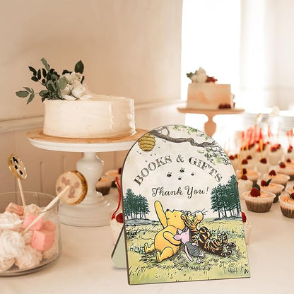 Winnie Books and Gifts Sign, Classic Winnie Thank You Wooden Sign, Bridal Shower Baby Shower Favors, Cute Aniamls Decor Thank You Sign with Stand for Baby Shower Party 8 * 10IN