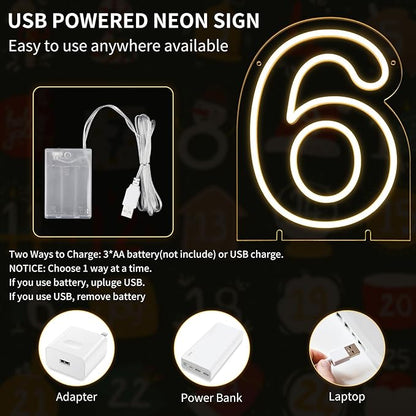 Number 6 LED Neon Sign Backdrop Birthday Party Decoration, 11.3" 11.3" Height Warm White Marquee Six Numbers Light Up Sign for Wedding Anniversary Window Wall Table, Indoor Battery Operated or USB