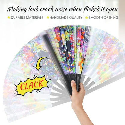 SYNTECSO Folding Hand Fan for Rave, UV Glow Fan, Large Bamboo Fan for Drag Queen, Women and Men Gift，Chinese Japanese Clack Fan for Parties, Music Festivals, EDM and Decoration