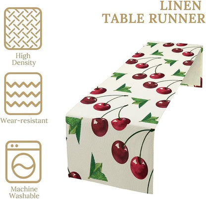 Red Cherry Table Runner Watercolor Tropical Fruit Spring Summer Wild Berry Dinner Runner for Girl Baby Party Holiday Home Kitchen Dining Table Decor 13x60