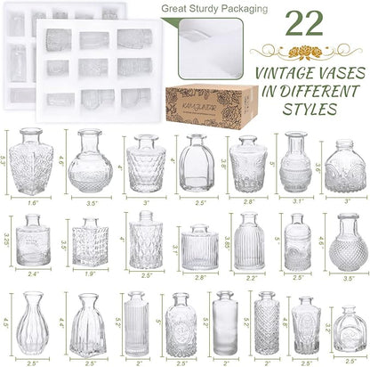 Glass Bud Vase Set of 22, Small Vases for Flowers, Clear Centerpieces, Mini in Bulk Rustic Wedding Decorations, Vintage Look Home Table Flower Decor