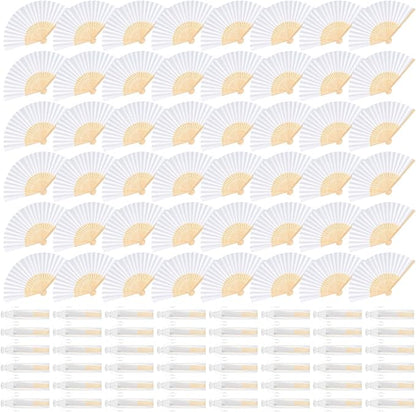 48 Pieces White Hand Held Bamboo Folding Fans Paper Fans Handheld for Women Foldable Girls Wedding Decoration Church Home Party Favors Summer