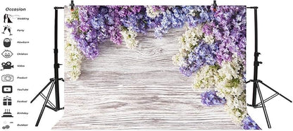 7x5ft Wooden Plank Photography Backdrops Purple Lilac Flowers Rustic Vintage Wood Wall Newborn Baby Shower Girls Adult Portrait Photo Background Kids Birthday Party Decor Photoshoot Studio Props
