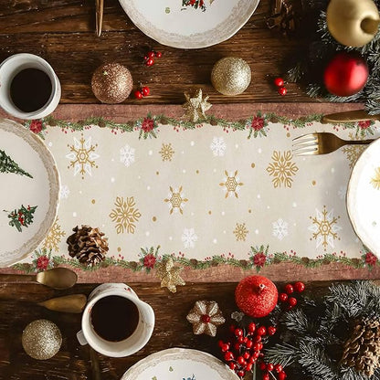 Christmas Gnomes Cotton Linen Table Runner for Dining Kitchen, Xmas Pine Tree Snowflake Rustic Wedding Outdoor Party Tablerunners Decoration, Retro Wood Dresser Scarf Tablecloth Runners 13x48 Inches