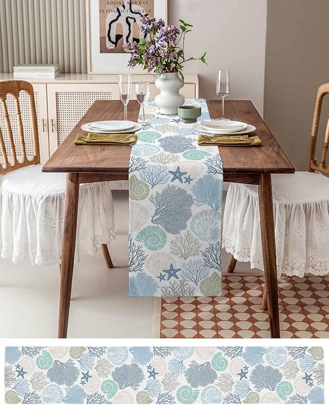 Coastal Coral Cotton Linen Table Runner for Dining Kitchen, Wedding Outdoor Party Tablerunners Decoration, Blue Nautical Starfish Ocean Shell Beach Dresser Scarf Coffee Tablecloth Runners 13x36 Inches