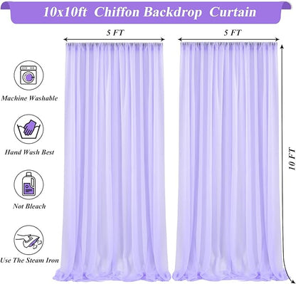 10x10ft Lavender Chiffon Backdrop Curtain with Lights for Wedding Baby Shower, Light Purple Curtain Backdrop with Lights for Birthday Party Gender Reveal Photo Shoot (5 x 10ft,2 Panels)