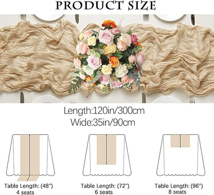 4 Pack Beige Cheesecloth Table Runner 35x120 Inch Boho Gauze Fabric Cheese Cloth Table Runner 10Ft Rustic Romantic Sheer Table Runners for Wedding Party Bridal Baby Shower Long Table Decoration