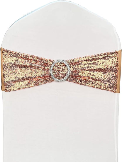 10 Pcs Sequin Chair Sashes Stretch Chair Bands Spandex Polyester Bows for Party Hotel Wedding Banquets Decoration - Rose Gold