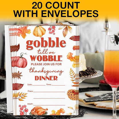 Thanksgiving Party Invitations Fall Pumpkins Turkey Friendsgiving Thanksgiving Dinner Party Fill in Invites Cards With Envelopes (20 Count), Double Sided Design