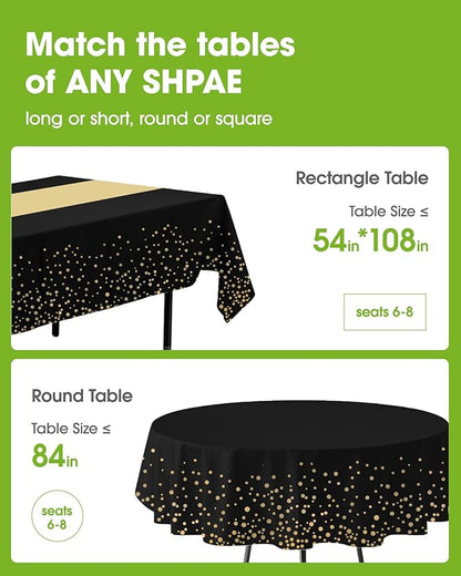 Pureegg Plastic Table Cloth Disposable 10 Pack, 54 x 108 Inch, Table Runner Style, Graduation Decorations 2025, Party Tablecloths, Rectangle, Plastic Cover, Leakproof & Sturdy, Black Gold