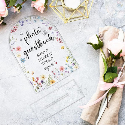 Wedding Sign Decor, Photo Guest Book Sign, 5x7 Inch Arch Acrylic, Wedding Sign for Reception & Event Party, Bridal Shower Decorations, Wedding Table Sign Accessories for Anniversary And Event(Flower)