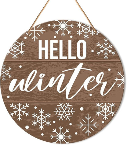 Muktoujaumai Hello Winter Sign Front Door Decor, Christmas Round Hanging Sign Decor Rustic Snowflake Xmas Holiday Wall Decorations Winter Wood Sign for Door, Porch, Home, Welcome Winter