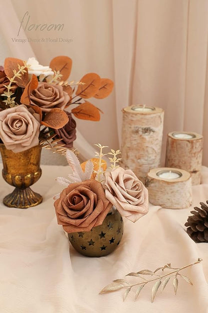 Floroom Artificial Flowers 25pcs Real Looking Earth Tones Ombre Colors Foam Fake Roses with Stems for DIY Wedding Bouquets Bridal Shower Floral Centerpieces Party Tables Home Decorations