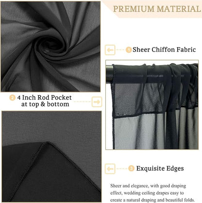 MODFUNS Black Ceiling Drapes Wedding Arch Drapery 5x30ft 4 Panels Chiffon Sheer Curtain Drapes Rustic Fabric for Wedding Party Reception Decoration