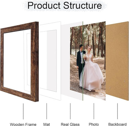 8x12 Picture Frame Set of 4 with High Definition Real Glass, Display 6x8 Pictures with Mat or 8 x 12 Without Mat, Rustic Wood Photo Frames for Tabletop and Wall Mounting