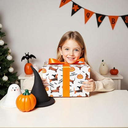 LeZakaa Halloween Dachshund Wrapping Paper Roll, Cute Dachshund Dogs with Pumpkins Bats for Pet Lovers, Kids, Family, Party, Trick-or-Treat Presents, Mini Roll 17 in x 16.4 Ft