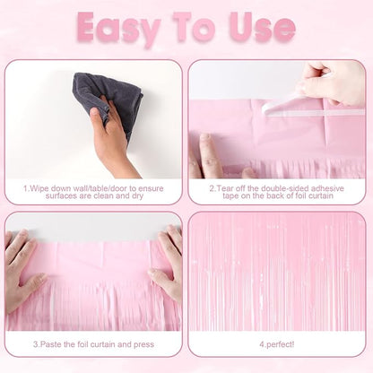 2 Pack Pastel Pink Tinsel Foil Fringe Curtains, Pink Party Decorations, Metallic Tinsel Party Streamers Backdrop for Birthday Baby Shower Graduation Wedding Gender Reveal Party Decorations