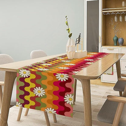 Vintage Floral Table Runner,60s 70s Colorful Retro Abstract Hippie Print Table Runner for Kitchen Dining Table Home Party Decoration 13x72 Inch