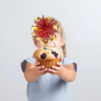 Ephlyn 30Pcs Foil Firework Cupcake Toppers Party Birthday Cake Toppers Supplies Sparkle Tinsel Cocktail Fruit Toothpick for Birthday Wedding Graduation Party Red