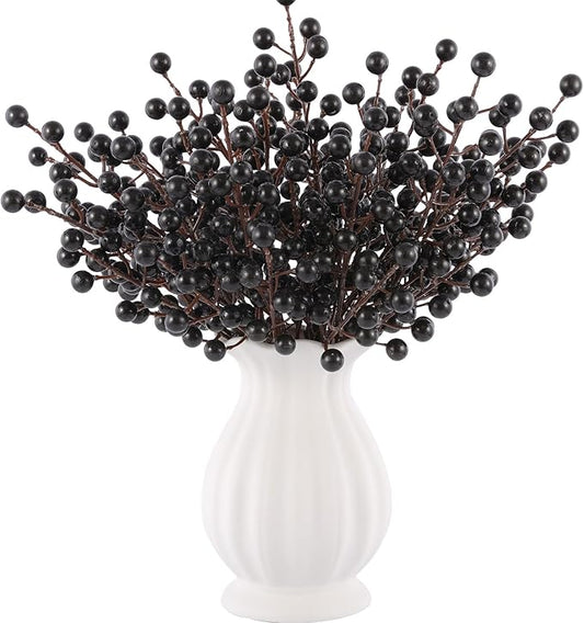 40 Pcs Artificial Berry Stems Branches, Halloween Black Faux Holly Berries Picks Ornaments for Christmas Tree Wreath DIY Craft Decorations Holiday Home Decor (40, Black)