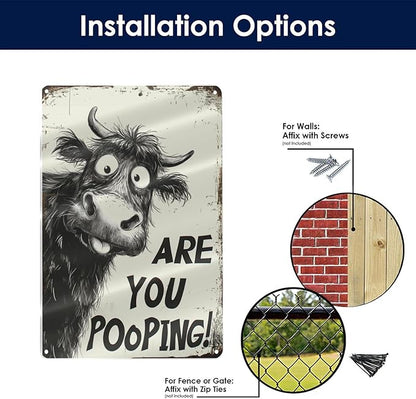 Funny Highland Cow "Are You Pooping!" Tin Sign - 8x12 Inch Vintage Metal Wall Décor, Humorous Bathroom & Farmhouse Rustic Wall Art for Indoor & Outdoor