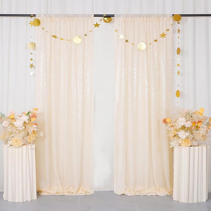 ShinyBeauty Ivory Sequin Backdrop 2 Pieces Photograph Backdrops 7FTx7FT Beige Backdrop Curtains Panels Sparkly Background Glitter Curtain for Wedding.Party,Baby Shower Backgrounds