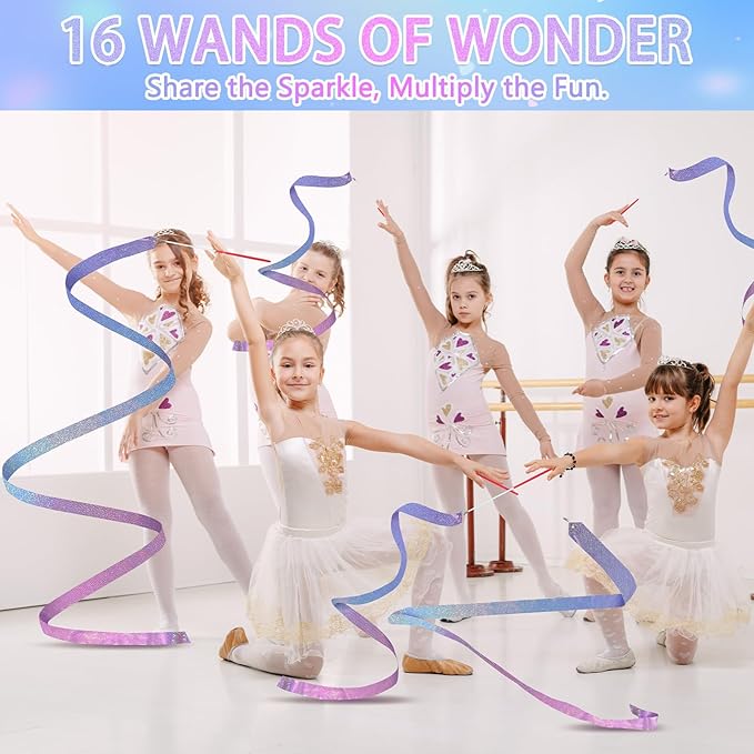 16 Pcs Sparkling Dance Ribbon for Kids Rhythmic Gymnastics Birthday Party Favors Twirling Streamer for Girl Princess Artistic Dancing Outdoor Game Supplies(Gradient Blue Purple)