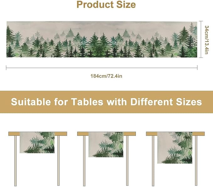 Foggy Forest Table Runner,Green Forest Natural Landscape Table Runner for Kitchen Dining Table Home Party Decoration 13x108 Inch